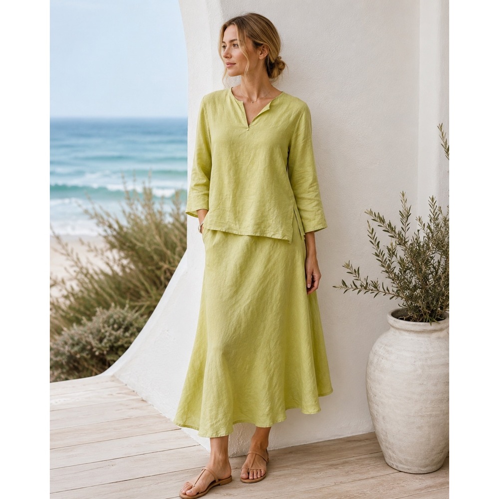 Eileen Fisher Linen Silk Skirt‎ Set Minimalist Lime Green Tunic Skirt Petite M